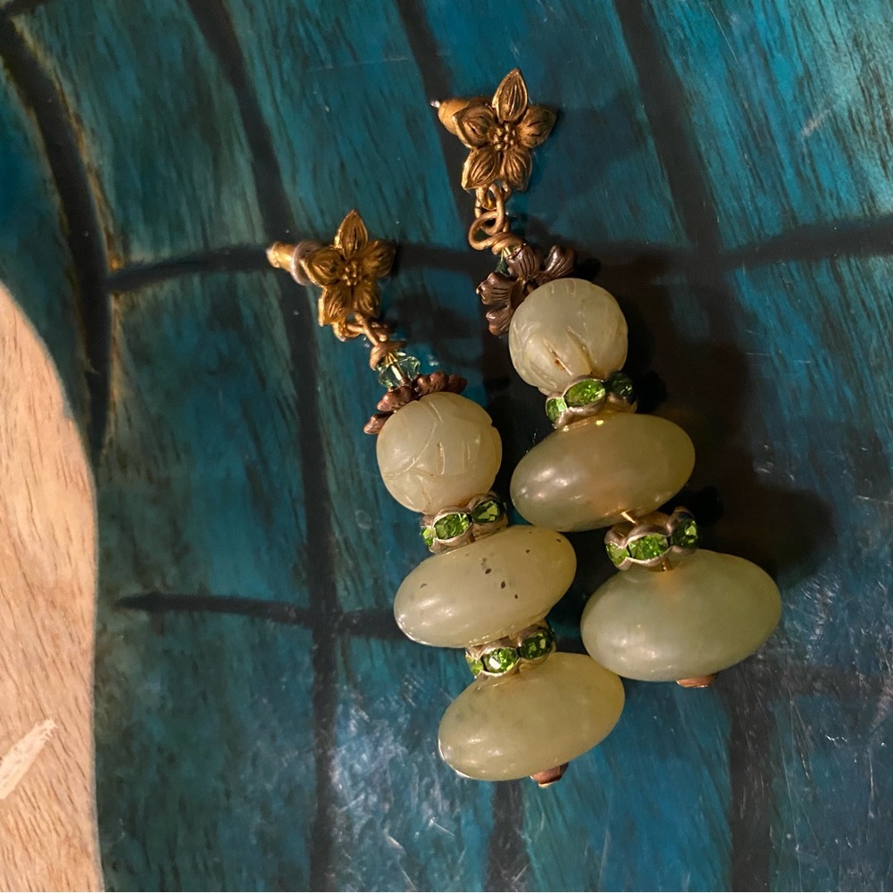 3-Stack Nephrite Jade Earrings With Gold Tone Flower Posts & Jewel Stations.